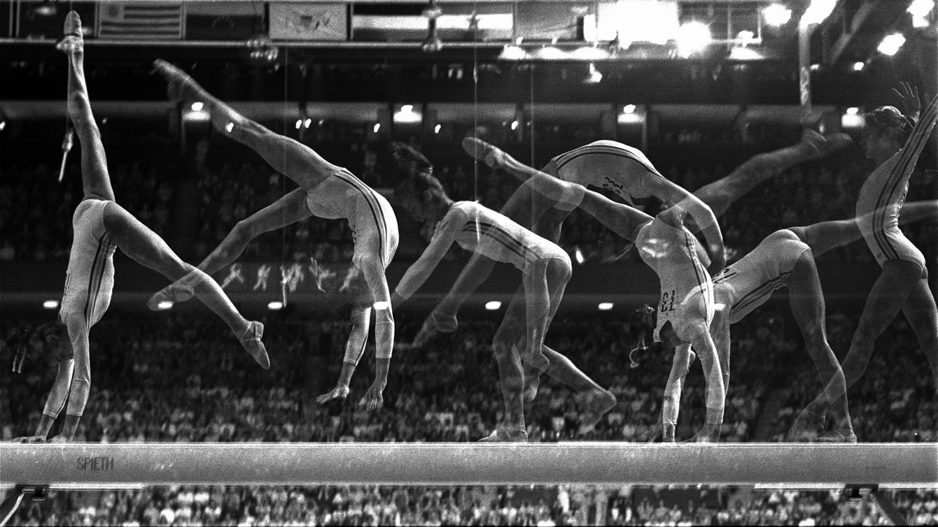 A multi-exposure photo of Nadia Comaneci from AP's Suzanne Vlamis illustrating Nadia Comaneci's grace in the beam, where she scored a 10.00 at Montreal 1976.