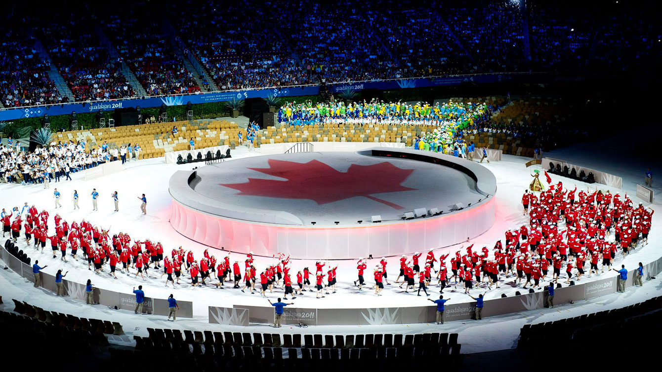 Guadalajara 2011 Opening Ceremony features a spectacular Maple Leaf in the centre as Canadians enter the stadium on October 14, 2011.