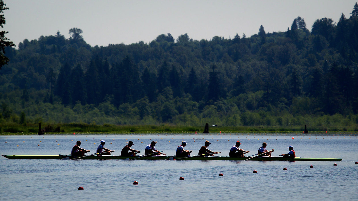 Brian Price (right) on the London 2012-bound eights boat in Burnaby B.C. on July 5, 2012. (The Canadian Press/Darryl Dyck)