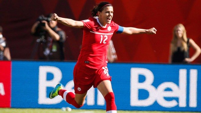 Christine Sinclair celebrates after taking her penalty in the opener of the FIFA Women's World Cup on June 6, 2015.