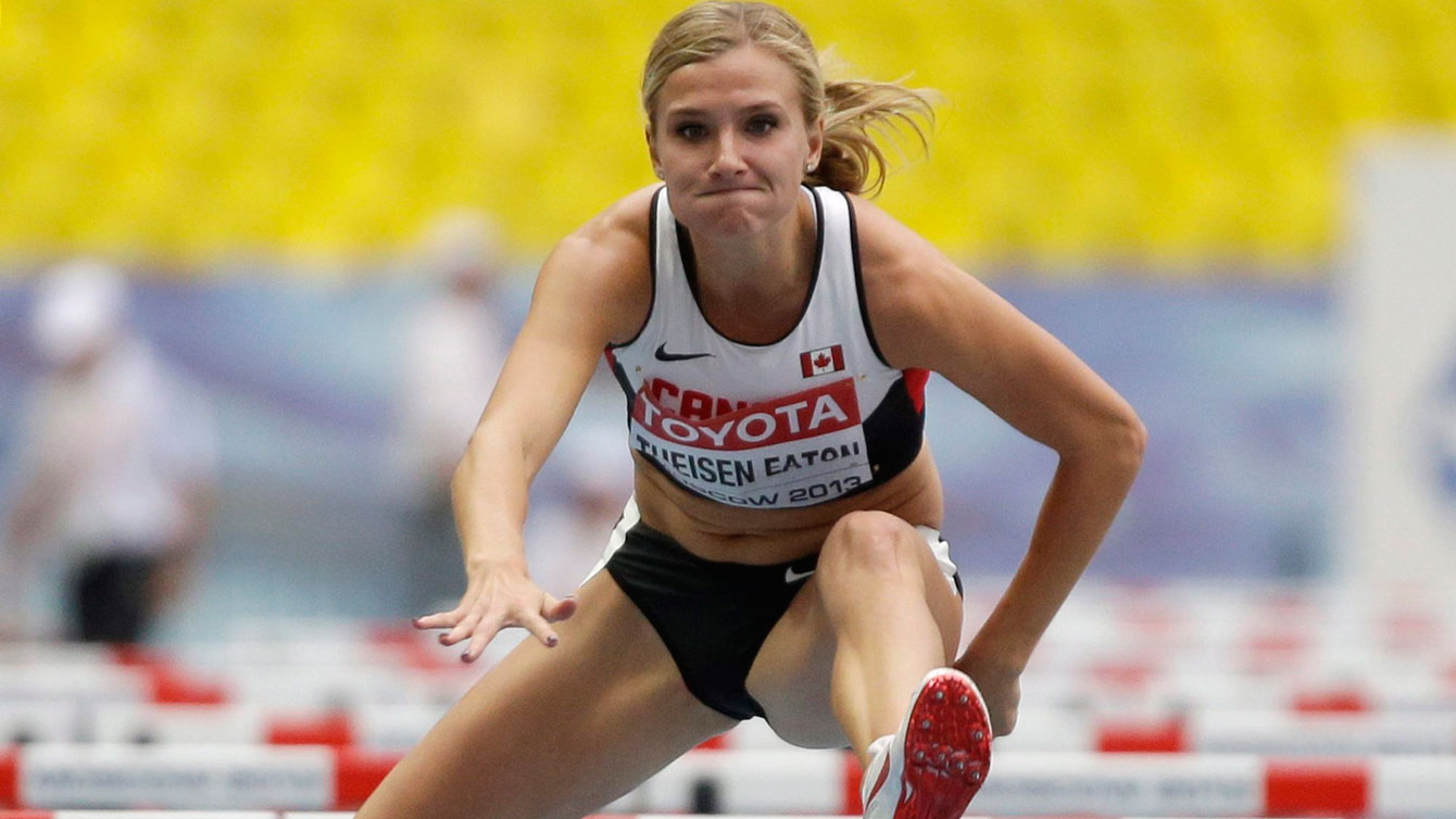 Brianne Theisen-Eaton competing in the hurdles portion of the heptathlon at Moscow 2013 World Championships.
