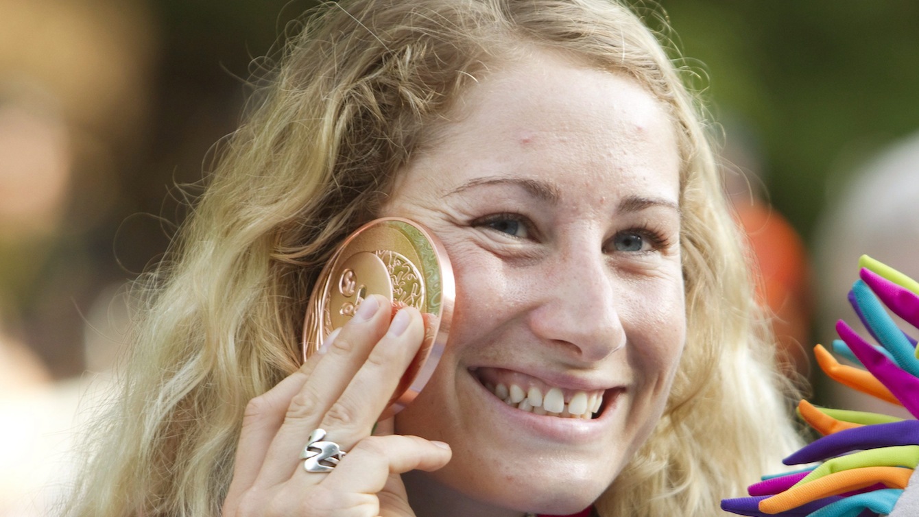 Canada's Haley Daniels with her bronze medal after placing third in the Women's final of the Canoe (C1) event at the Minden White Water Preserve.