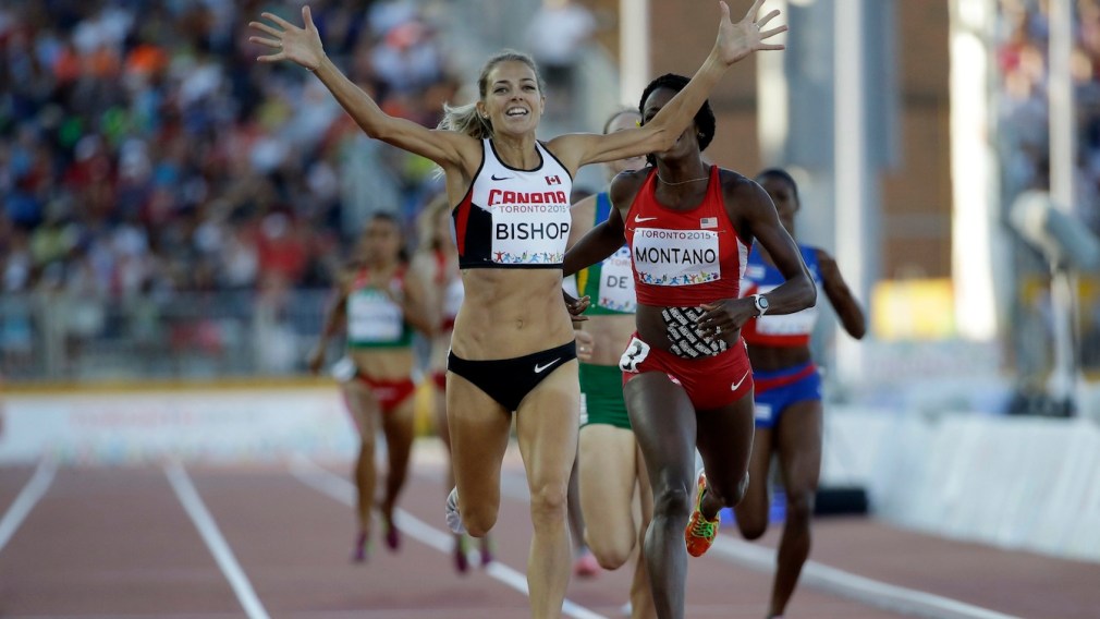 Melissa Bishop celebrates as she won the gold medal in the women's 800 meter race at the Pan Am Games
