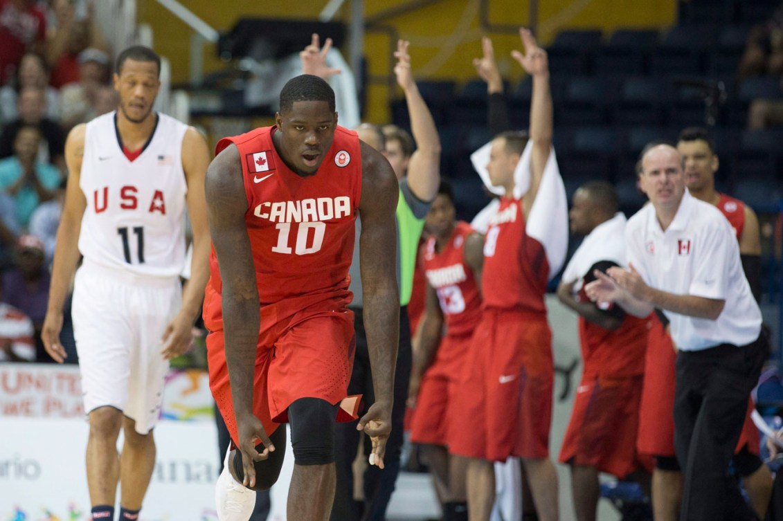 Anthony Bennett celebrates a basket in Canada's overtime upset of the USA in the TO2015 men's basketball semifinals on July 24.