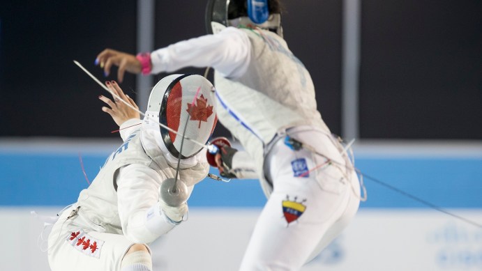 Alanna Goldie, Canada, fences Saskia Loretta Van Erven Garcia in the semi-final match at in the Women's Foil even