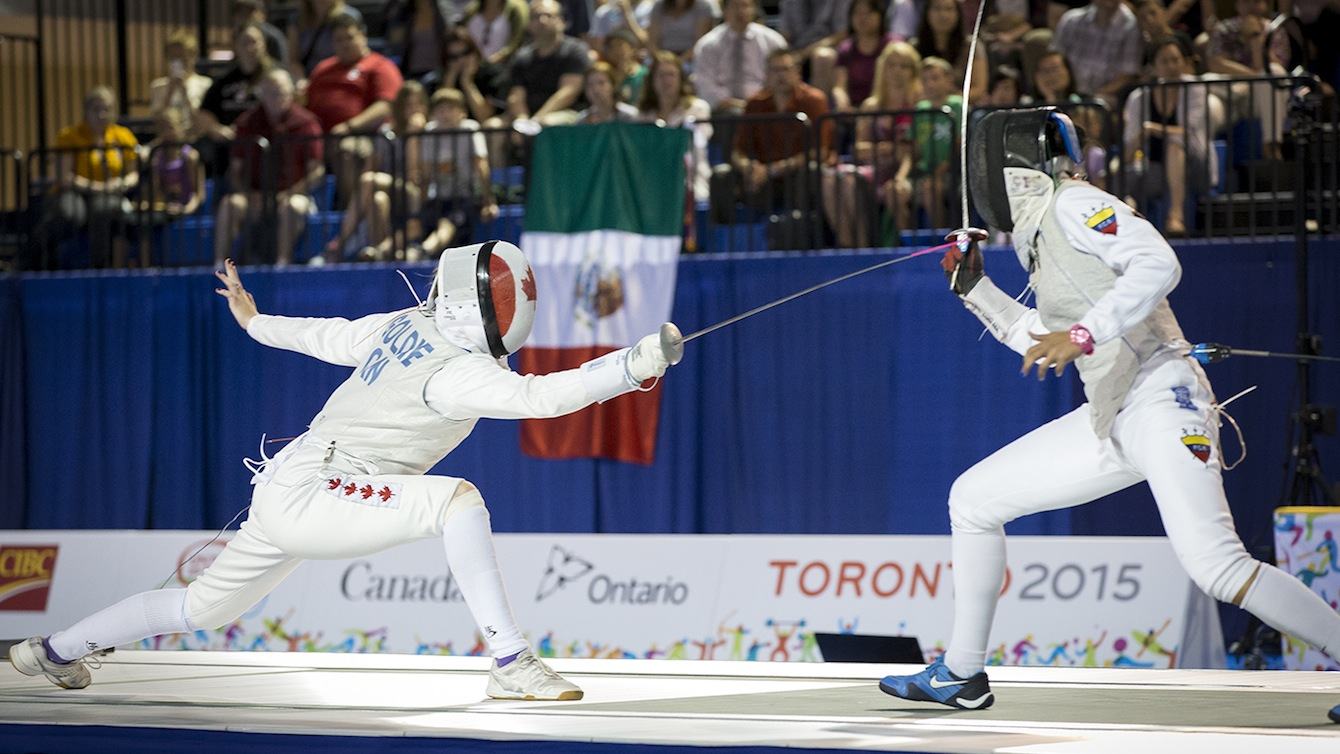 Alanna Goldie, Canada, fences Saskia Loretta Van Erven Garcia in the semi-final match at in the Women's Foil event at the Pan-Am Games in Toronto Ontario.  Goldie lost the bout and took home the bronze medal.