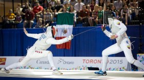 Alanna Goldie, Canada, fences Saskia Loretta Van Erven Garcia in the semi-final match at in the Women's Foil even