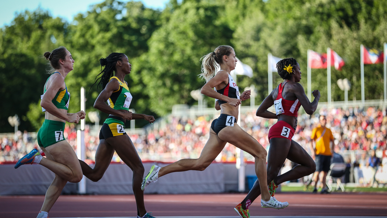 Melissa Bishop (4) stalks Alysia Montano of USA in the 800m before outpacing her for Pan Am Games gold on July 22, 2015 in Toronto.