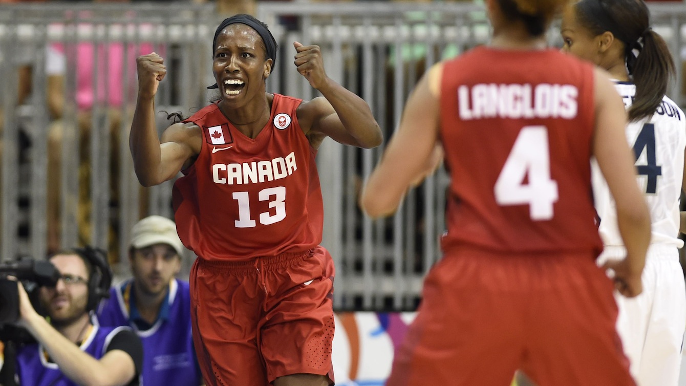 Team Canada's women's basketball team celebrates winning gold