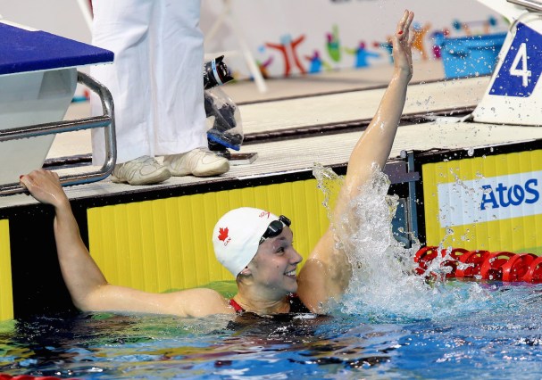 Chantal Van Landeghem celebrates her 100m freestyle victory at the Toronto 2015 Pan American Games.