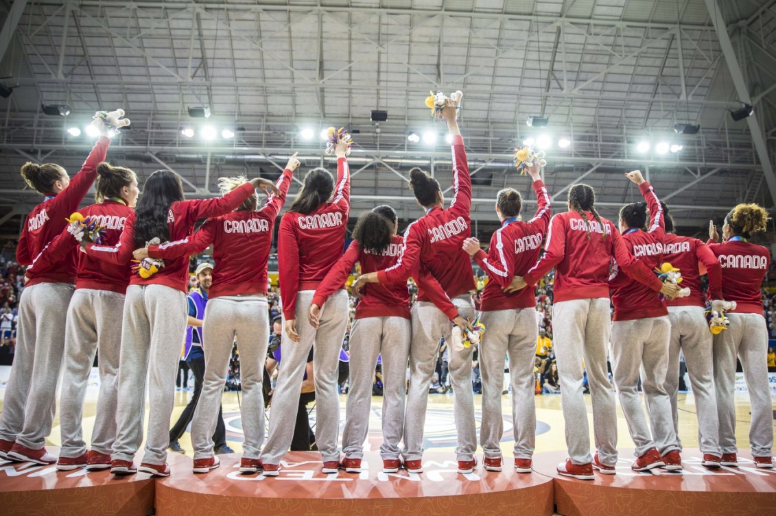 Canada's women's basketball team moments after receiving their gold medals (COC photo by David Jackson).