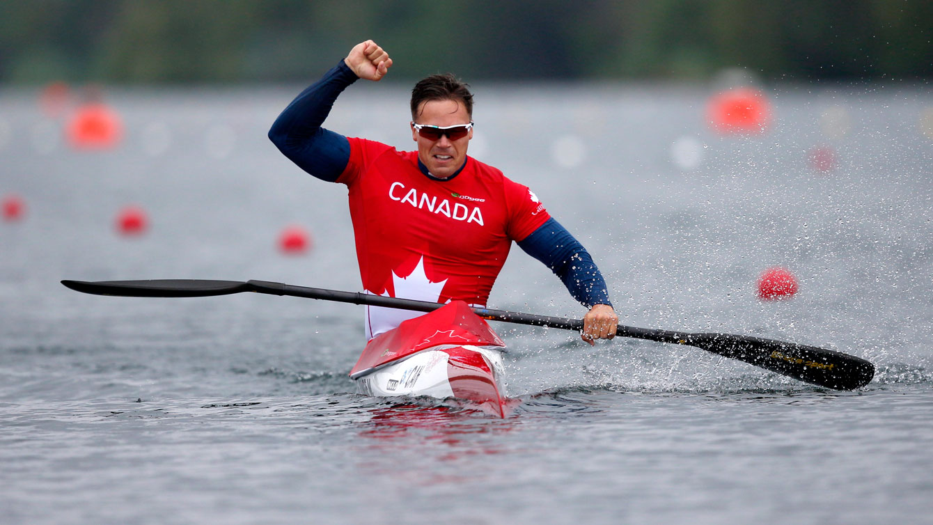 Mark de Jonge celebrates winning the K-1 200m Pan Am Games final on July 14, 2015.