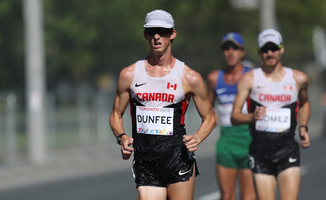 Evan Dunfee paces ahead of the pack at the Pan Am Games men's race walk on July 19, 2015. 