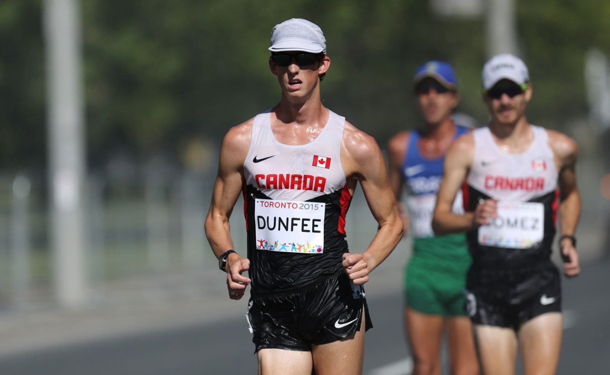 Evan Dunfee finished first and teammate Inaki Gomez came in second in the men's 20km race walk. (Photo: Greg Kolz)