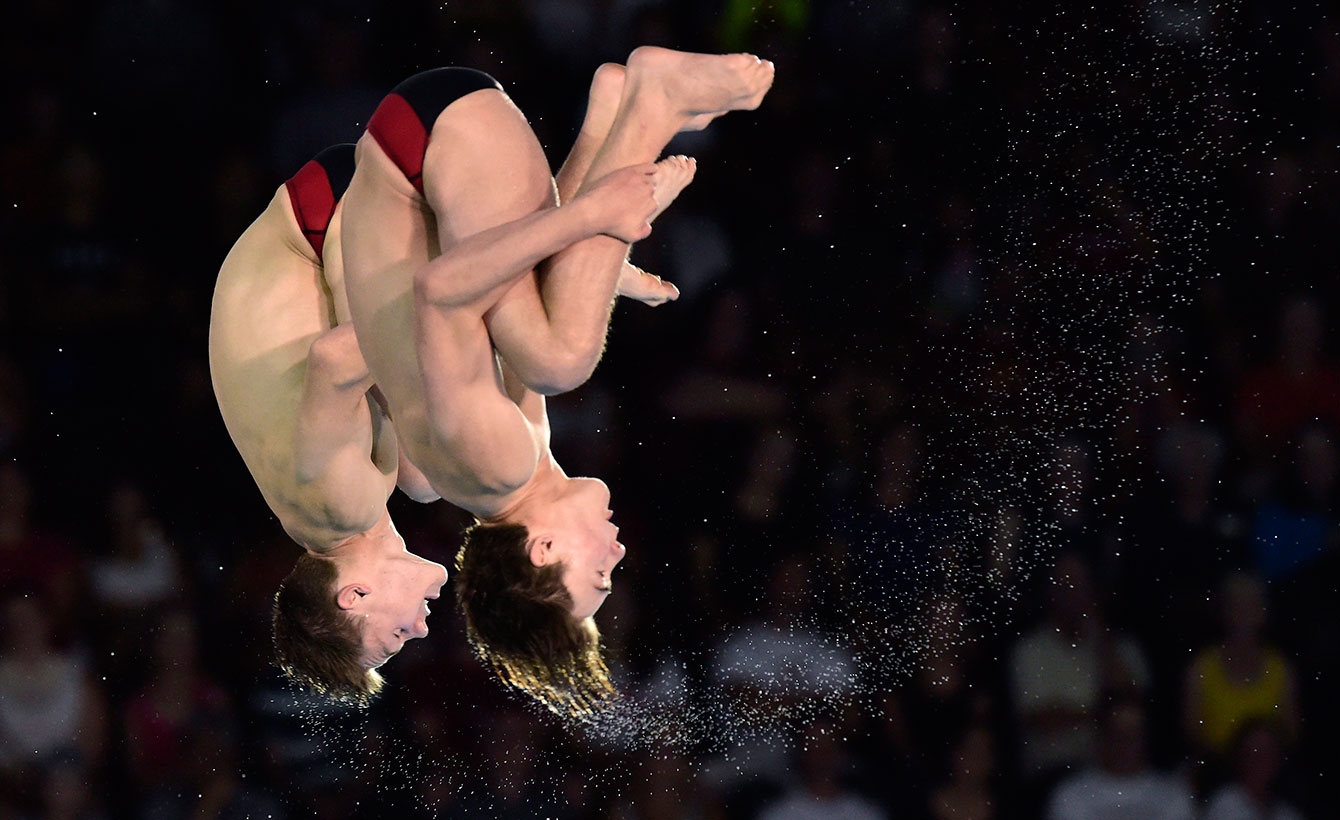 Vincent Riendeau (left) and Philippe Gagné dive their way to silver in the men's synchro 10m platform event at Toronto 2015 Pan American Games.