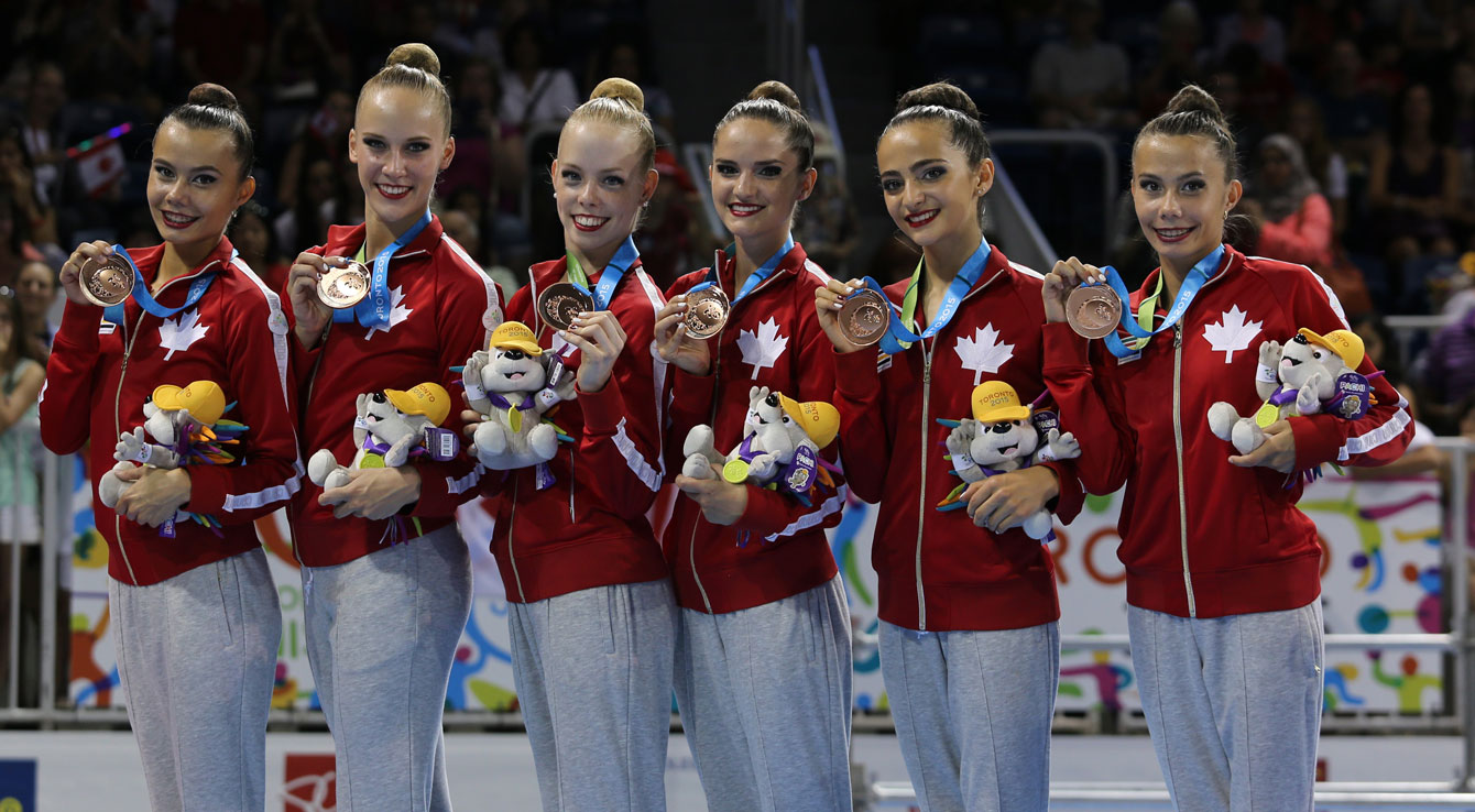 The group of Katrina Cameron, Lucinda Nowell, Vanessa Panov, Maya Kojevnikov, Anjelika Reznik and Victoria Reznik to home bronze in the gorup clubs/hoops event. 