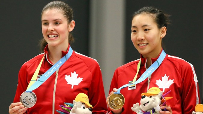 Michelle Li of Markham, Ont. (right) takes the gold medal and Rachel Honderich of Toronto the silver in badminton finals