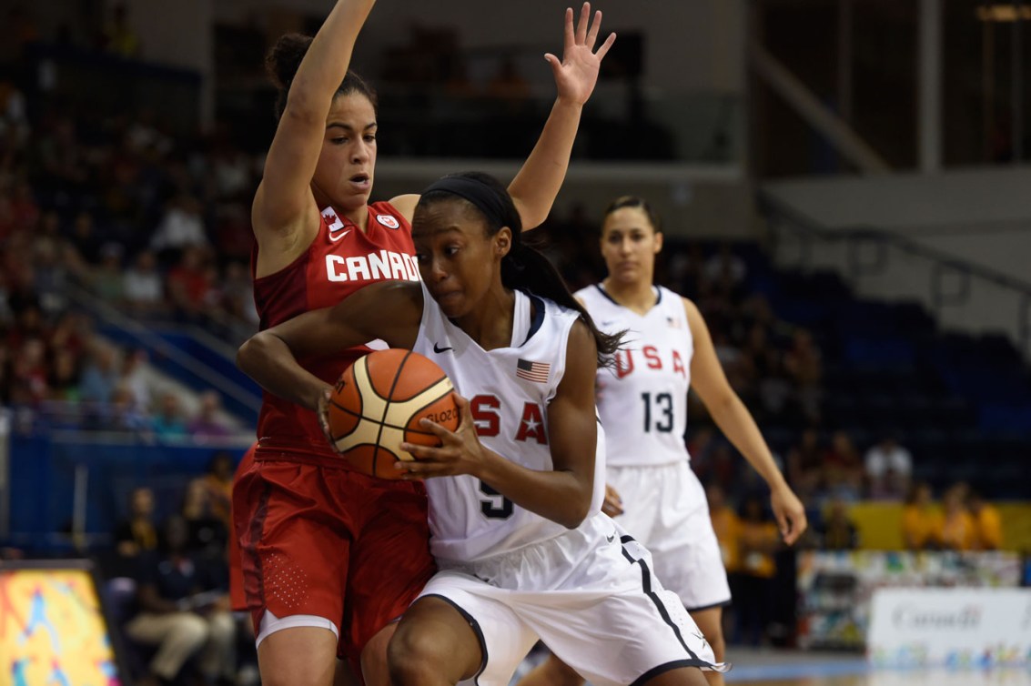 Kia Nurse (left), who is only 19 years-old, led Team Canada in scoring and played shutdown defence the entire game.