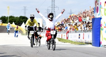 Tory Nyhaug of Canada wins the Gold Medal in Men's BMX