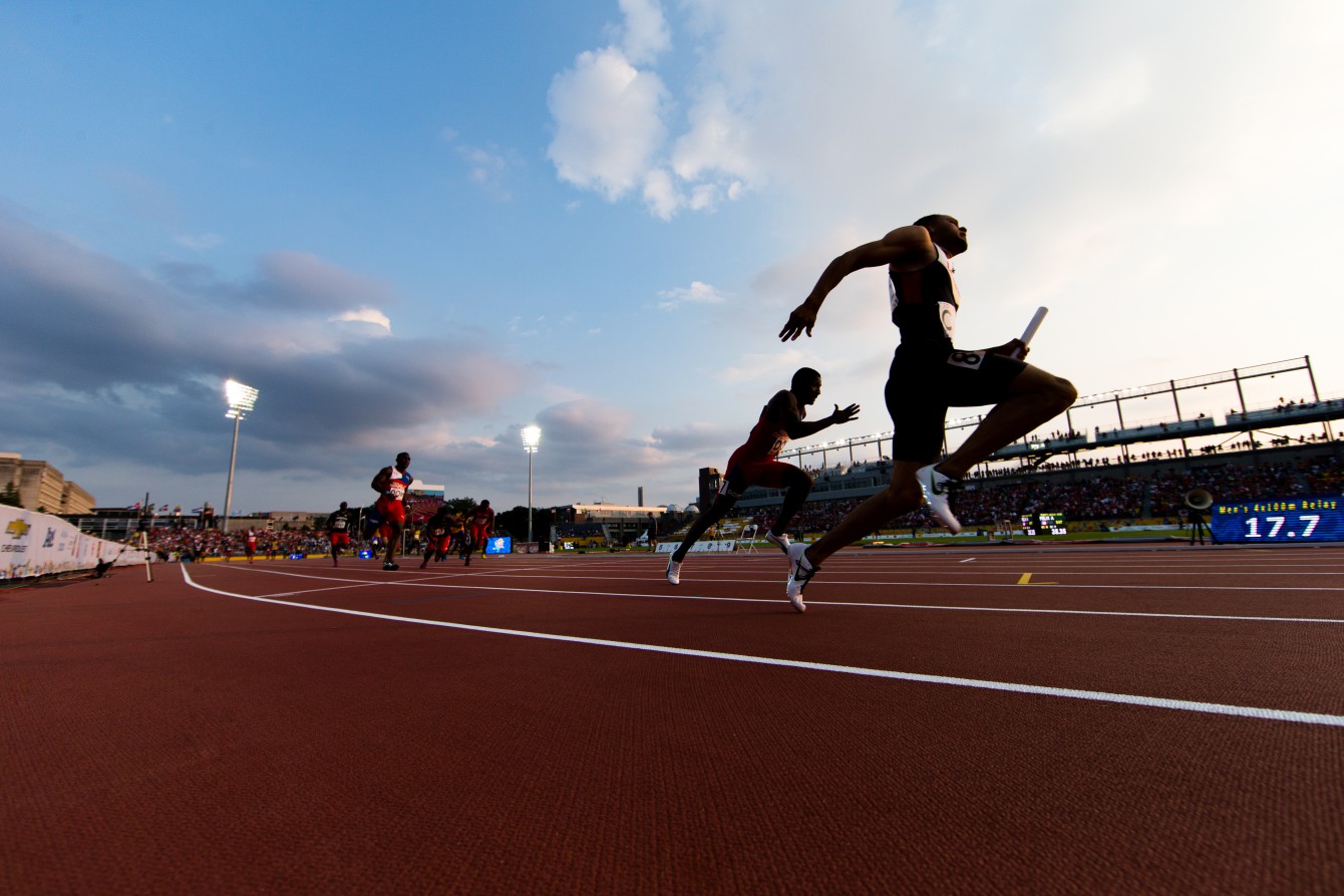 Team Canada competes in mens's 4x100 relay during the 2015 Pan Am Games in Toronto, July 25 2015 (John Fernandez for COC).