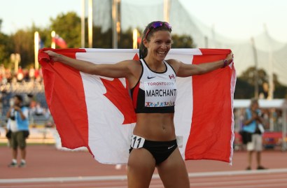 Lanni Marchant with the Canadian flag