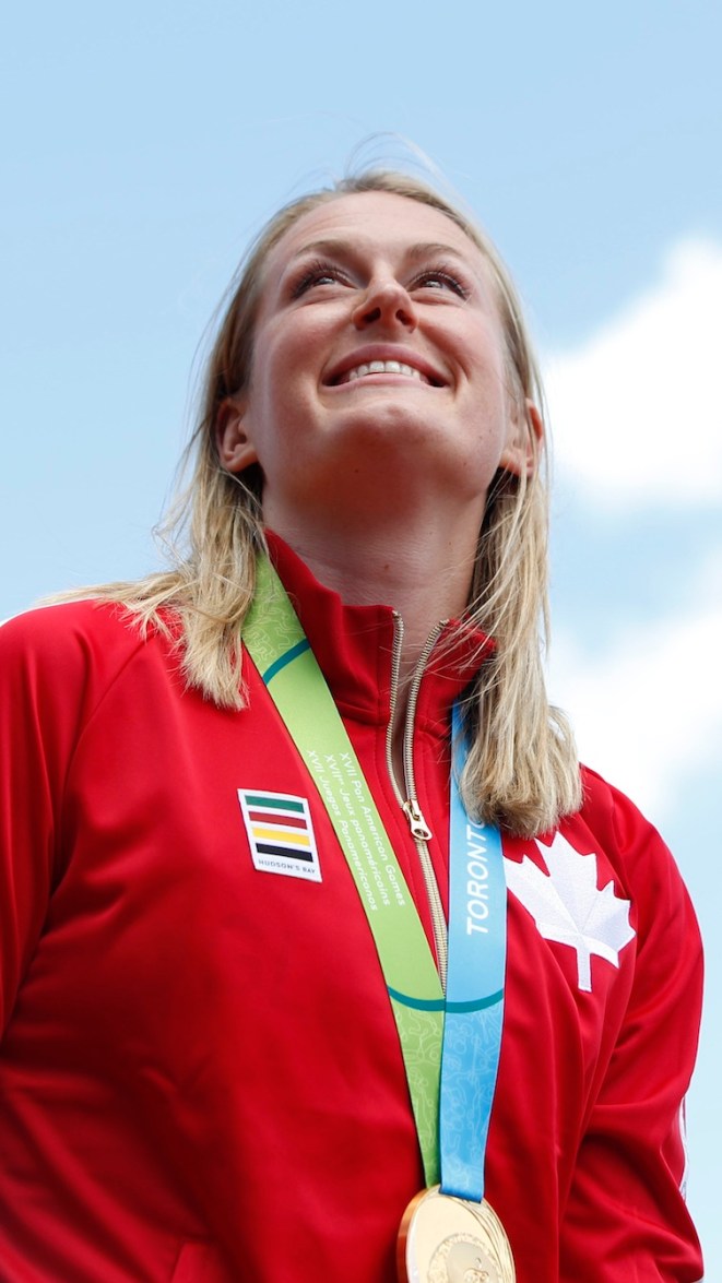 Liz Gleadle celebrates gold in the women's javelin