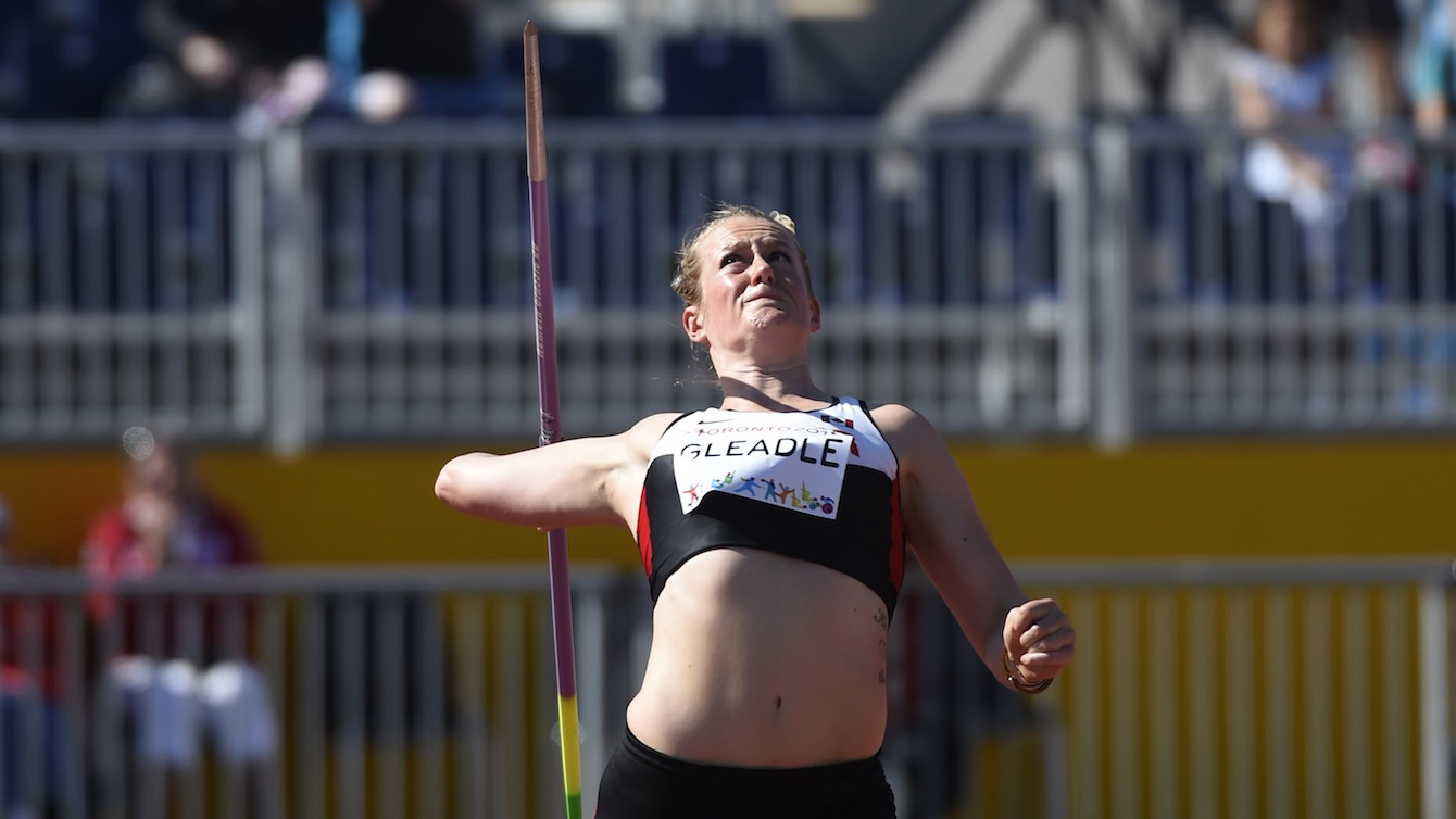 Liz Gleadle competes in the women's javelin at the Pan American Games in Toronto, July 21, 2015. Gleadle wins gold.