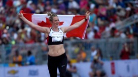 Liz Gleadle celebrates gold in the women's javelin