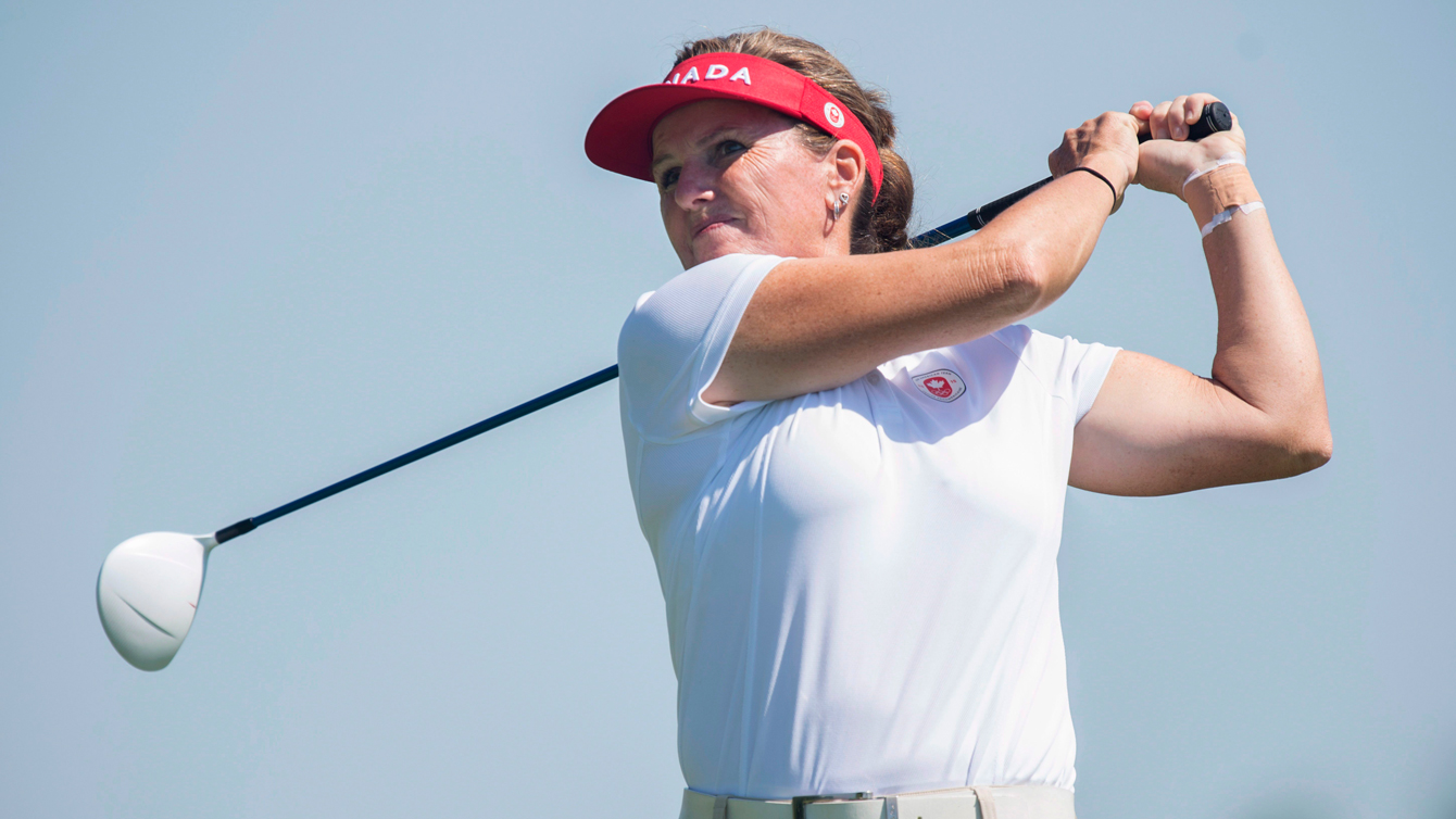 Lorie Kane hits a tee shot in women's individual golf at the 2015 Pan Am Games