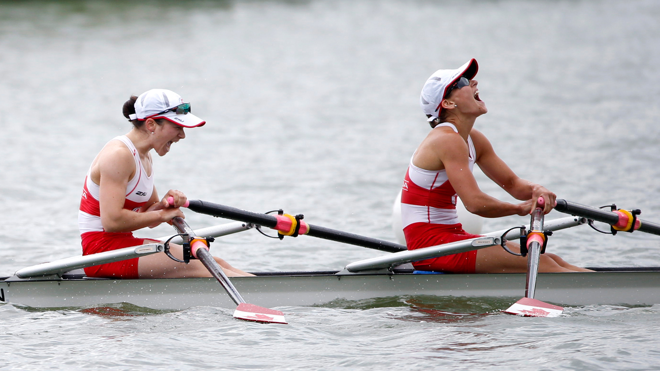 Canada rejoices after winning the women's lightweight double scull at the Pan Am Games July 14, 2015.