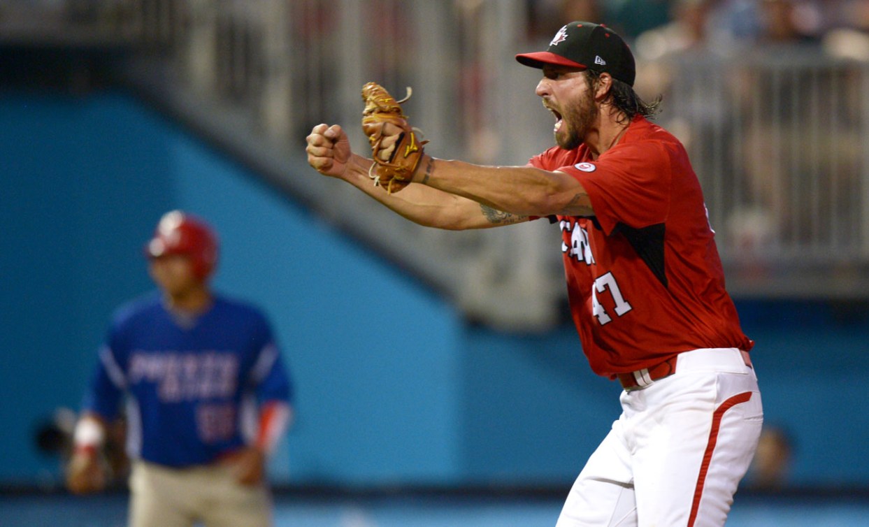 Phillippe Aumont helped push the Canadian men's team to the men's baseball finals. (Photo: Winston Chow)