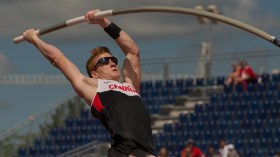 Shawnacy Barber competes in the men's pole vault