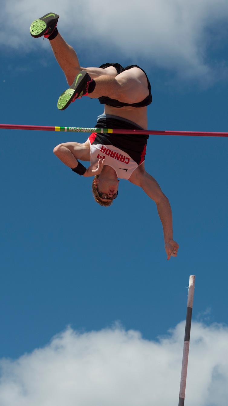 Shawnacy Barber completes in the men's pole vault at the Pan American Games in Toronto, July 21, 2015. Barber goes on to win gold.