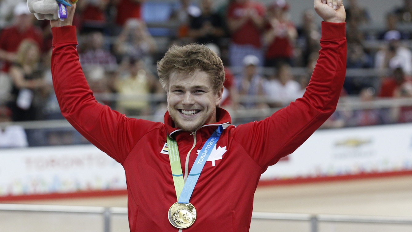 Canada's Hugo Barrette celebrates Gold in the Men's Sprint at Pan Am Games in Toronto Saturday, July 18, 2015. Photo by Michael P. Hall
