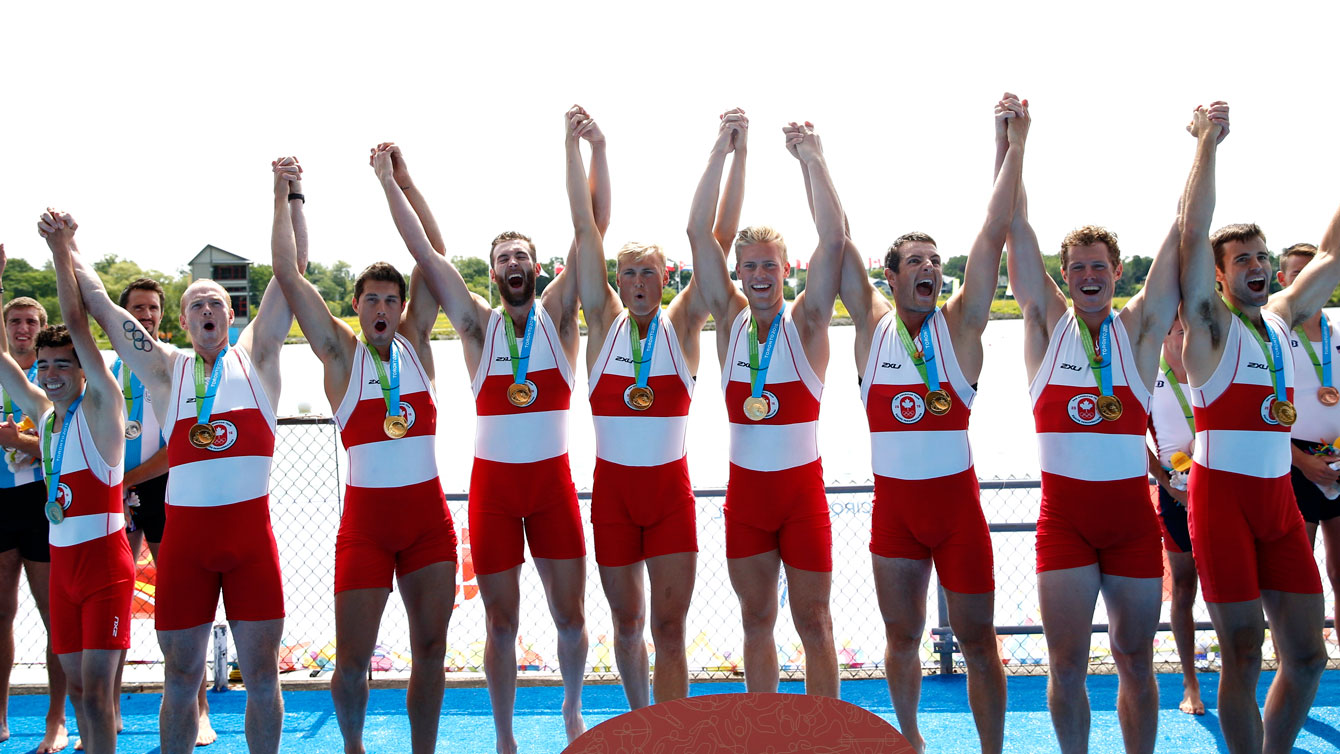 Mike Evans, Will Dean, Julien Bahain, Martin Barakso, Tim Schrijver, Conlin McCabe, Kai Langerfeld, Will Crothers and Jacob Koudys get their men's eight Pan Am Games gold medal on July 15, 2015.