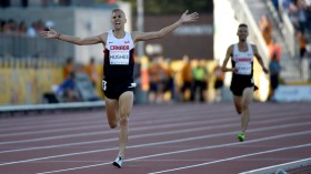 Matt Hughes celebrates gold in the men's 3000m steeplechase