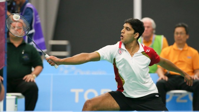Andrew D'Souza of Ottawa play in singles badminton finals play