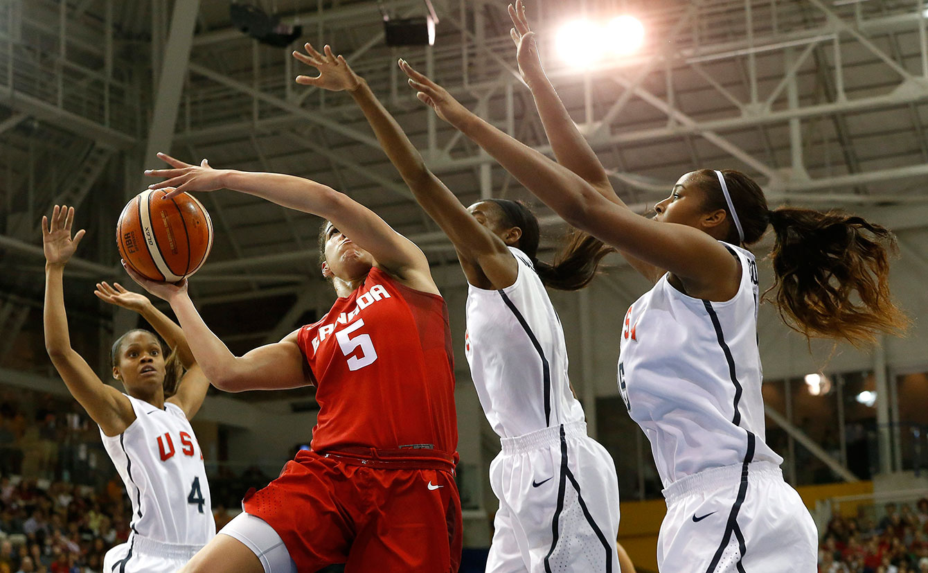 Kia Nurse goes to the hoop during the women's basketball gold medal game at TO2015. Canada won.