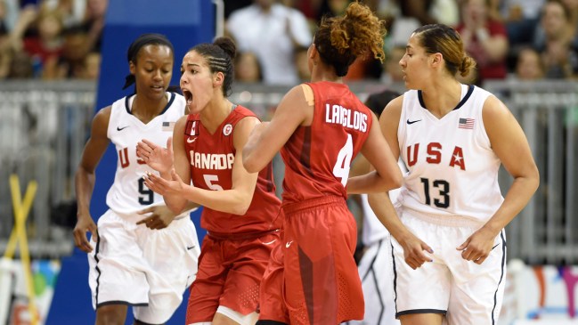 Kia Nurse celebrates two of her 33 points against USA at the Pan Am Games on July 20, 2015.