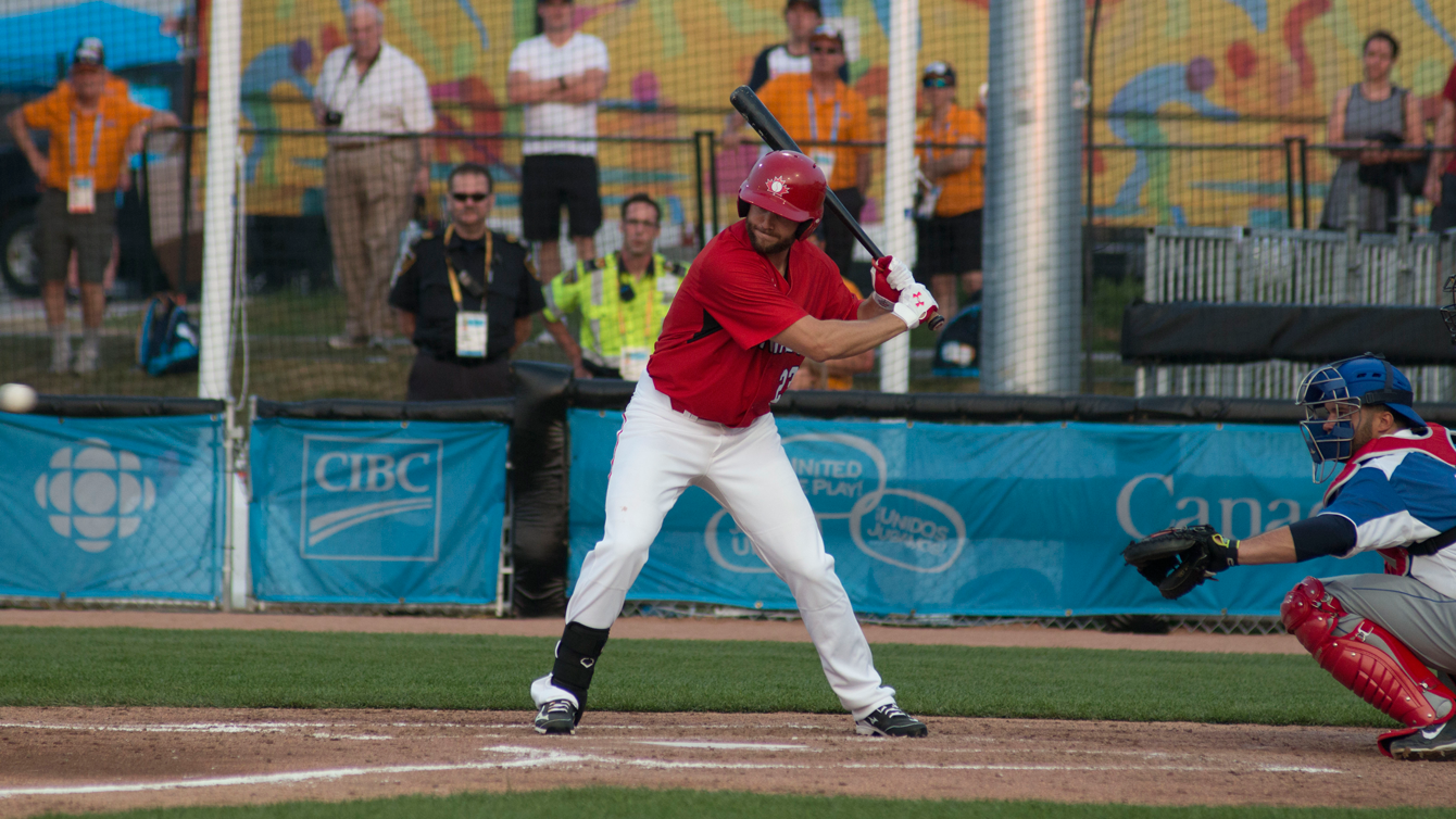 Rene Tosoni batting for Canada at the Pan Am Games in Toronto. Jeffrey Sze/COC