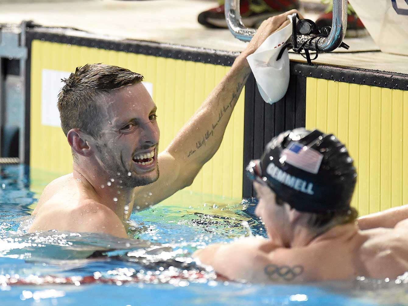 Ryan Cochrane smiles after winning Pan Am gold in the 1500m freestyle. 