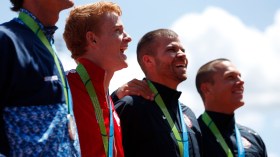 Shawnacy Barber celebrates gold in the men's pole vault