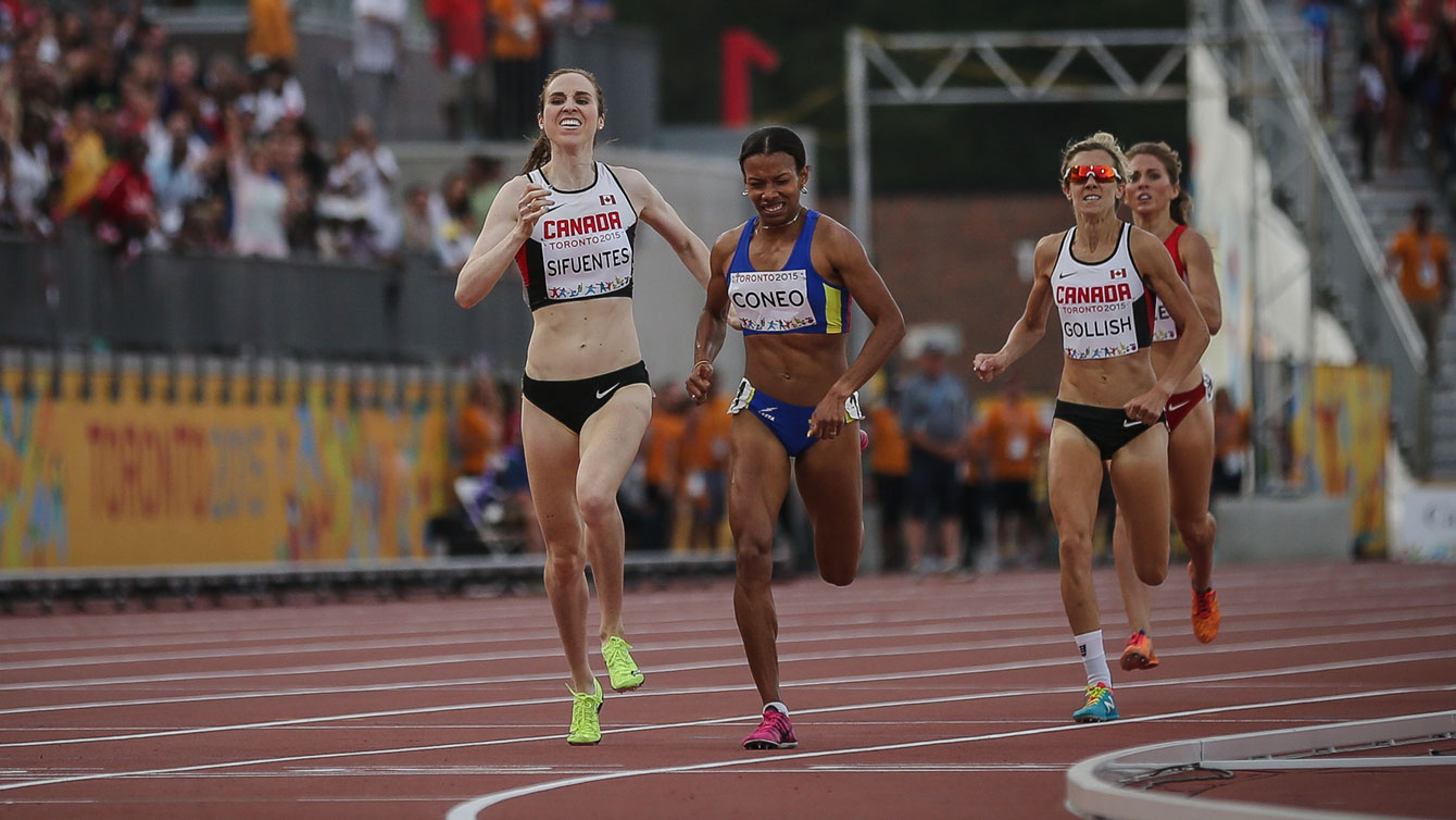 Nicole Sifuentes and Sasha Gollish finish second and third for Canada at the Toronto 2015 Pan Am Games in the women's 1500m. 