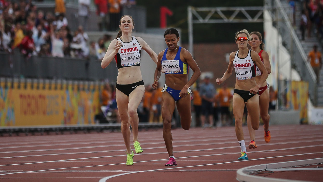 Nicole Sifuentes and Sasha Gollish finish second and third for Canada at the Toronto 2015 Pan Am Games in the women's 1500m.