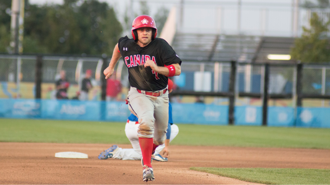 Skyler Stromsmoe makes a run to third base. Stromsmoe had one run in Canda's game against Puerto Rico July 16, 2015. Jeffrey Sze/COC