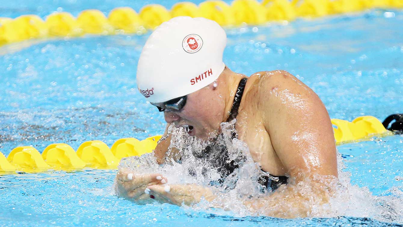 Kierra Smith races the 200m breaststroke heats at the Toronto 2015 Pan American Games. 