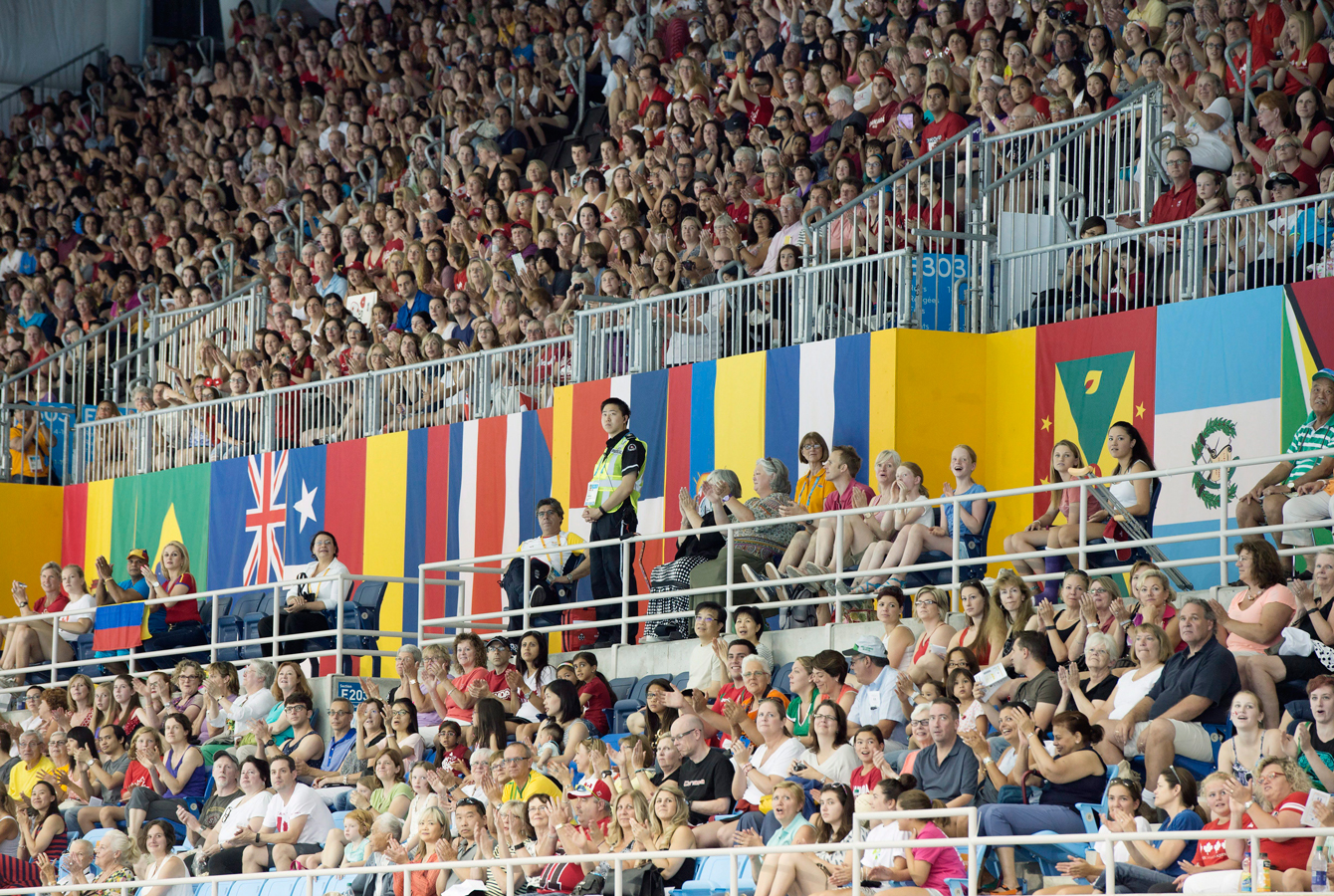 A packed building for the duet free routine final at the Pan Am Aquatics Centre and Field House, Saturday, July 11th, 2015.