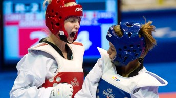 Ivett Gonda screams during a taekwondo match