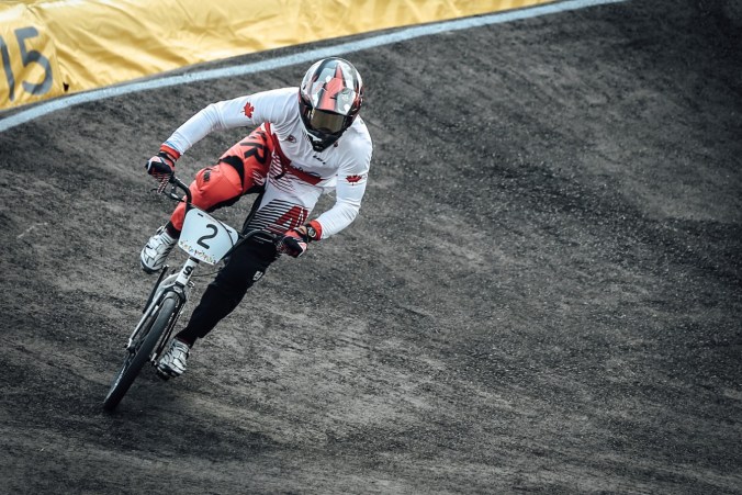 Tory Nyhaug races his way to gold on Day 1 of TO2015 competition in Etobicoke, Ontario (Alexandra Fernando for COC).