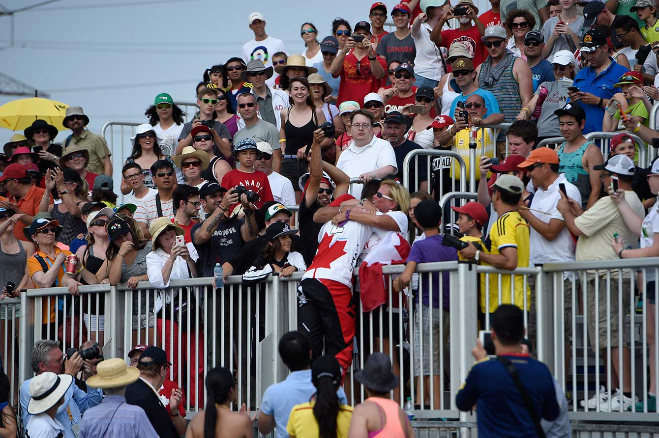 Tory Nyhaug celebrates his gold medal win in men's BMX. 